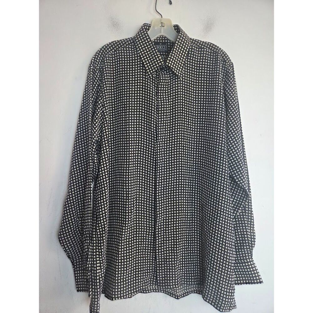 NWT Bocci Men Black & White Diamond Print 100% Silk Button Down Shirt sz Medium